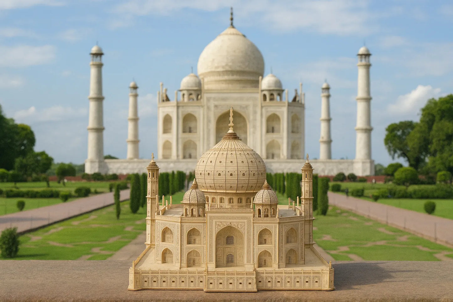 Maquette en bois du Taj Mahal posée sur une table, avec le véritable monument en arrière-plan sous un ciel bleu.