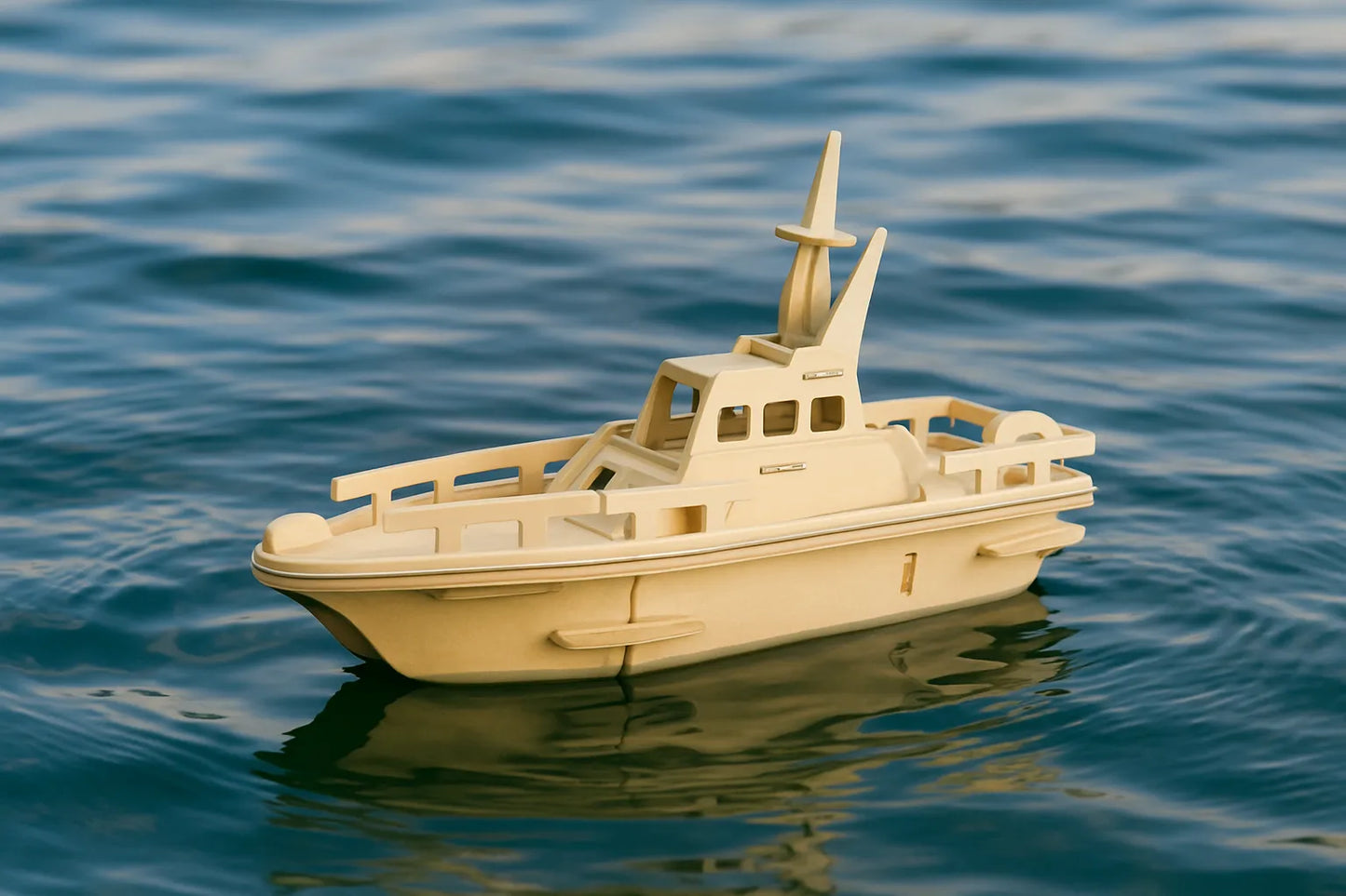 Maquette en bois dâun bateau moderne Ă deux ponts, flottant sur une mer calme sous un ciel dĂ©gagĂ©.
