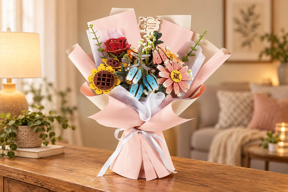 Maquette en bois - Bouquet cadeau de fleurs variées