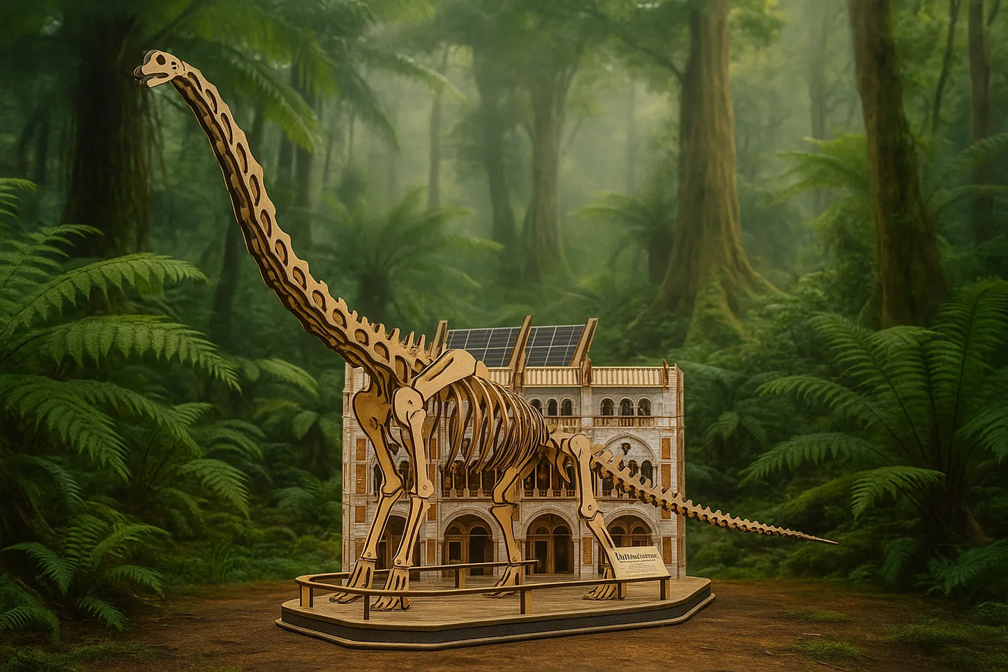 Maquette en bois d’un brachiosaure grandeur miniature présentée dans un décor naturel de forêt, devant une maquette de musée.