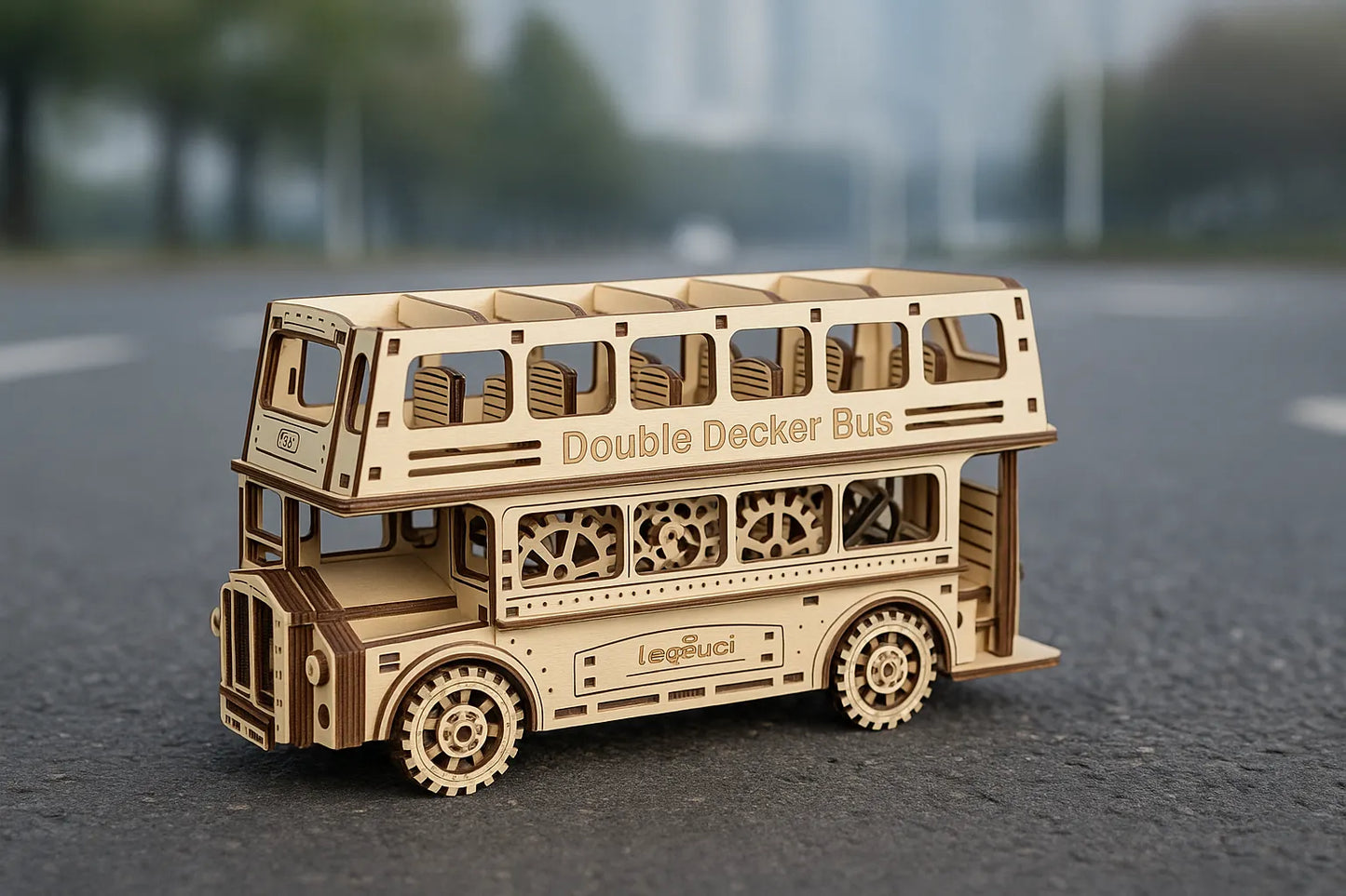 Maquette en bois d’un bus à impériale, à deux étages avec sièges détaillés et engrenages visibles, placée sur une route urbaine.
