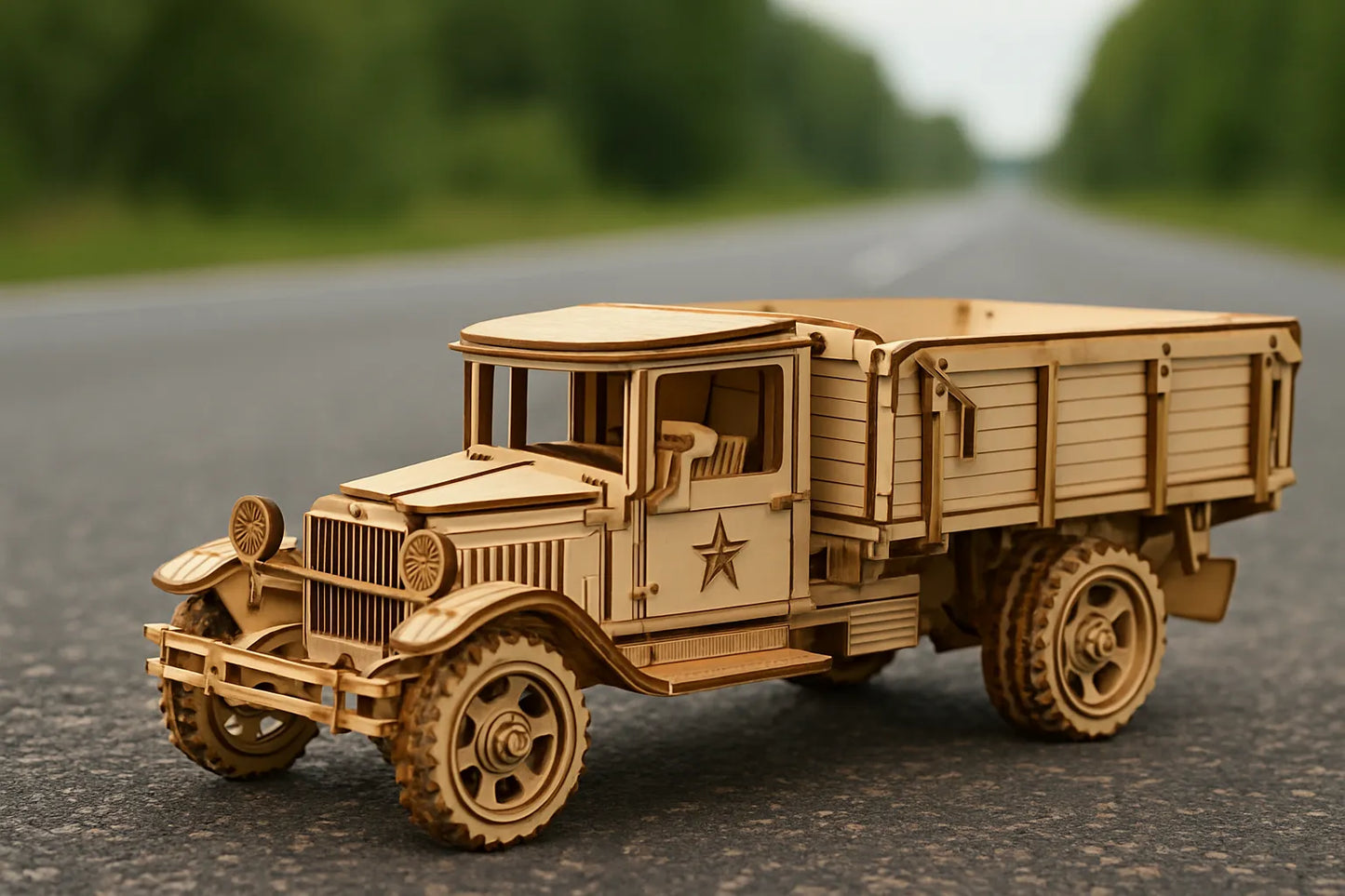 Maquette en bois dâun camion vintage dĂ©corĂ© dâune Ă©toile sur la portiĂšre, stationnĂ© sur une route bordĂ©e dâarbres.