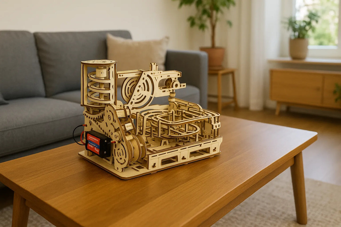 Maquette en bois d’un circuit de billes avec de grands engrenages, disposée sur une table en bois dans un intérieur moderne.