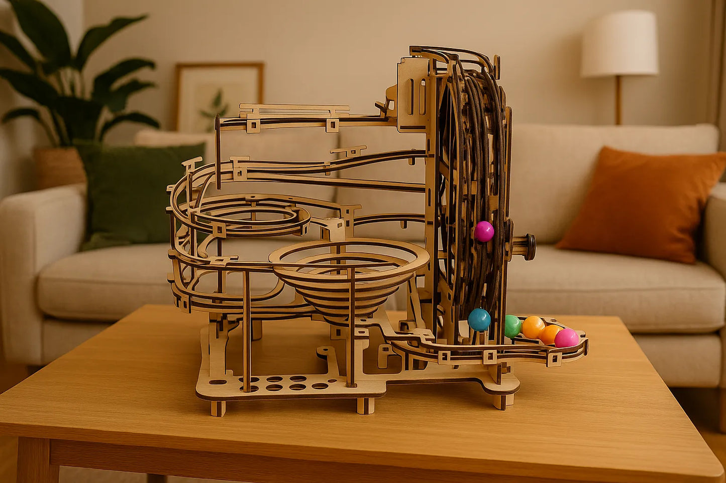Maquette en bois dâun circuit de billes, composĂ©e de spirale exposĂ©e sur une table dans une piĂšce cosy.