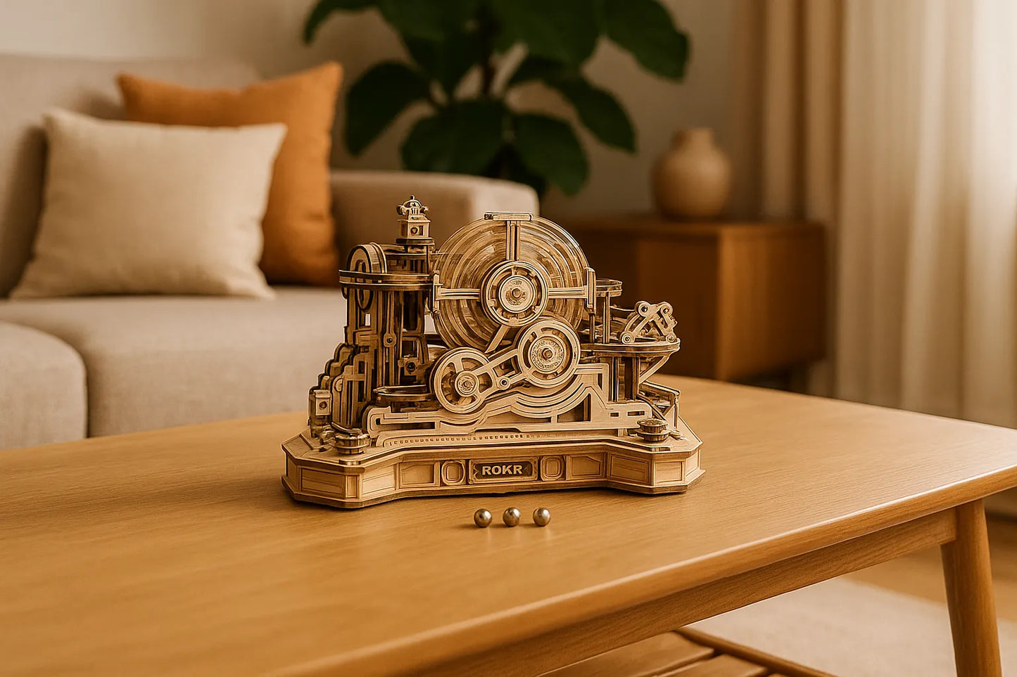Maquette en bois d’un circuit de billes à orbite mécanique, composée d’engrenages et de rampes, installée sur une table de salon au décor chaleureux.