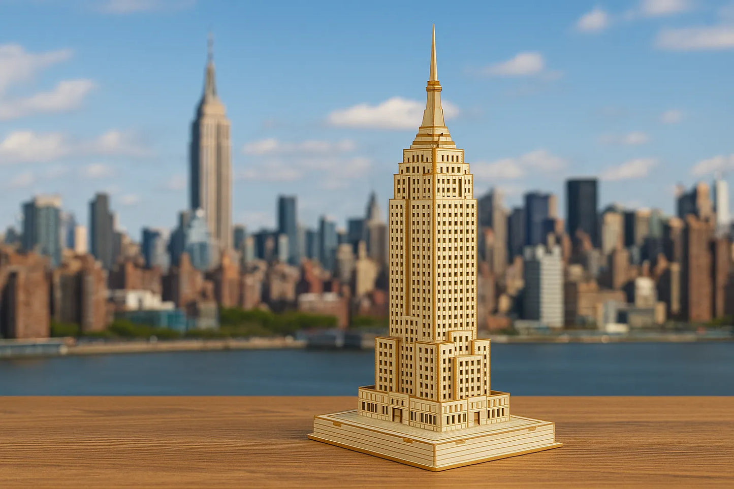 Maquette en bois de l’Empire State Building posée sur une table, avec la skyline de New York en arrière-plan sous un ciel bleu.