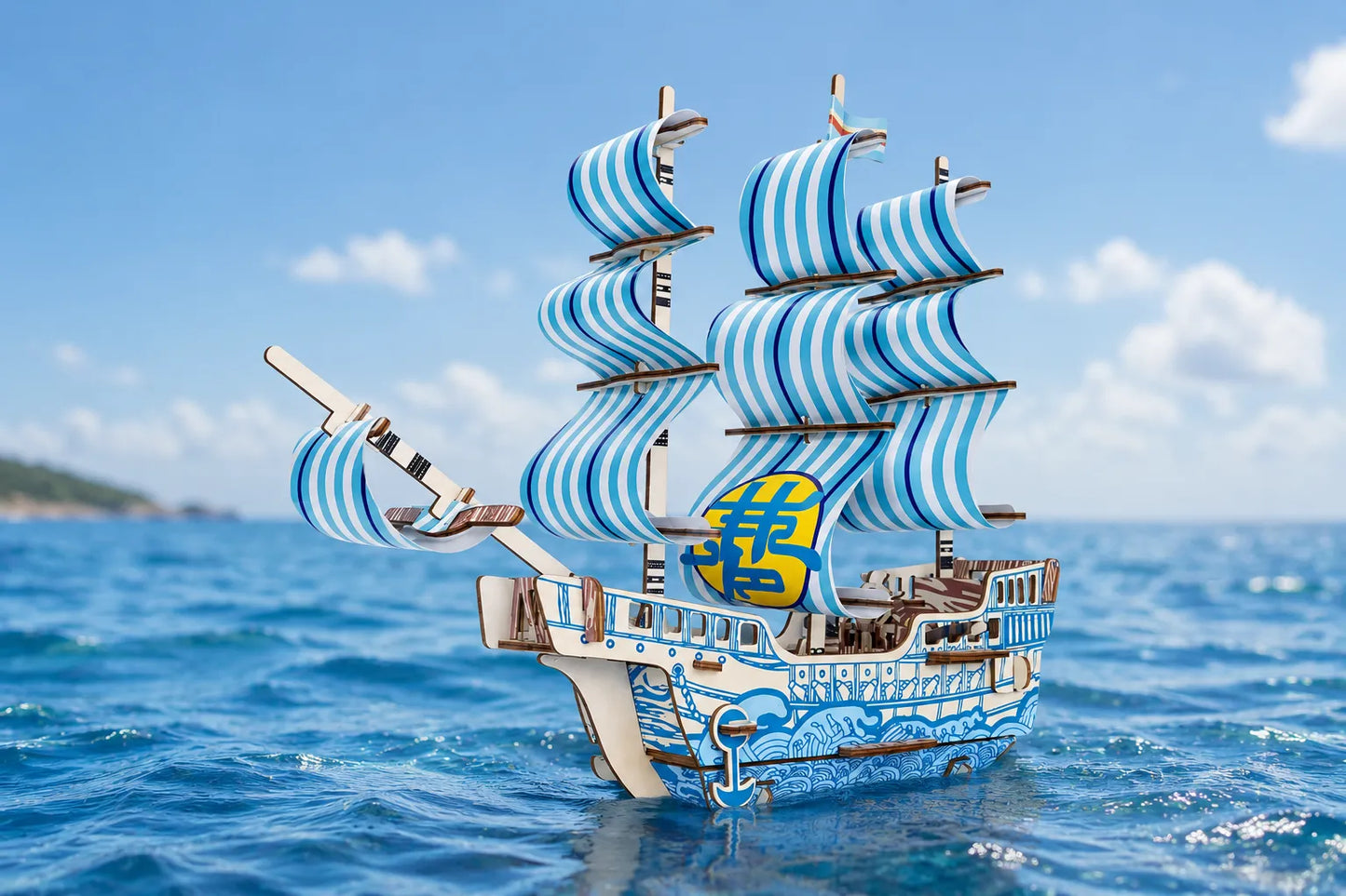 Maquette en bois - Grand bateau à voiles bleu