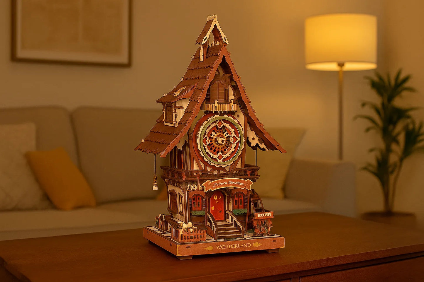 Maquette en bois d’une maison horloge colorée posée sur une table en bois dans un salon éclairé par une lampe.