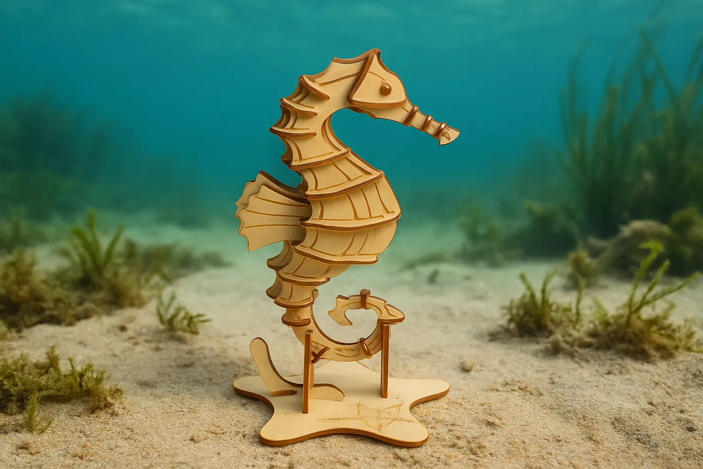 Maquette en bois d’hippocampe photographiée dans un décor sous-marin avec sable et algues.