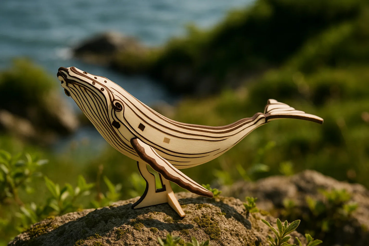 Maquette en bois d’une baleine stylisée avec détails gravés, posée sur un rocher au bord de la mer.