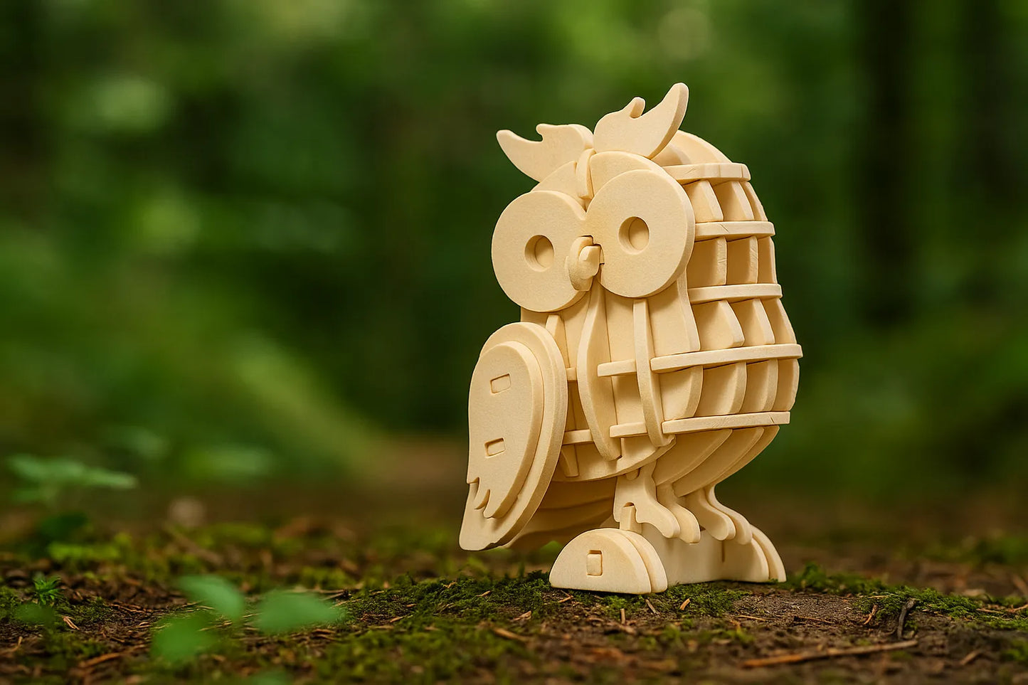 Maquette en bois dâune chouette posĂ©e sur de la mousse en forĂȘt, entourĂ©e de verdure.