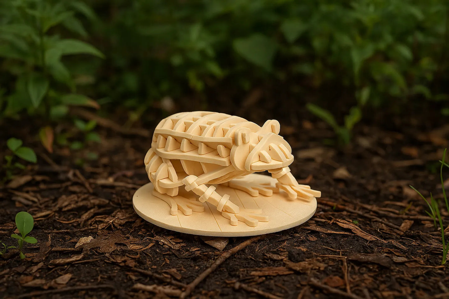 Maquette en bois d’une grenouille posée sur un socle rond, installée au sol dans un environnement naturel.