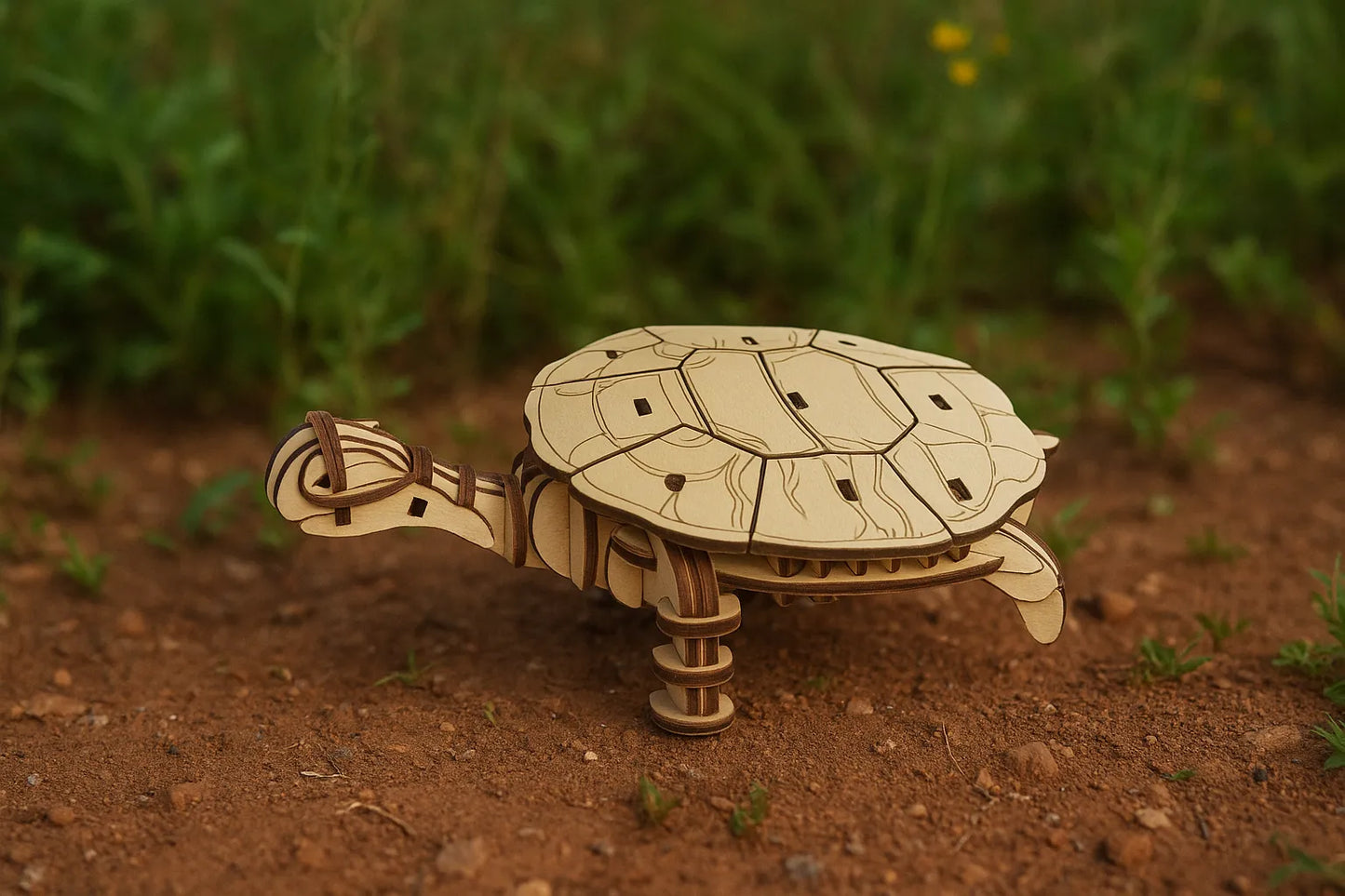 Maquette en bois de tortue posĂ©e sur le sol, entourĂ©e dâherbes et de terre.