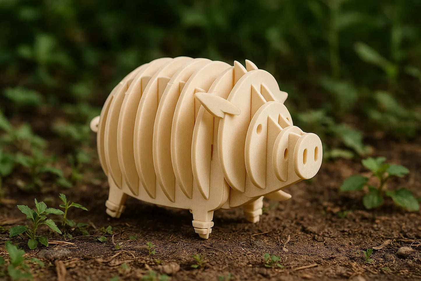 Maquette en bois d’un cochon posée sur la terre, entourée de petites plantes vertes.