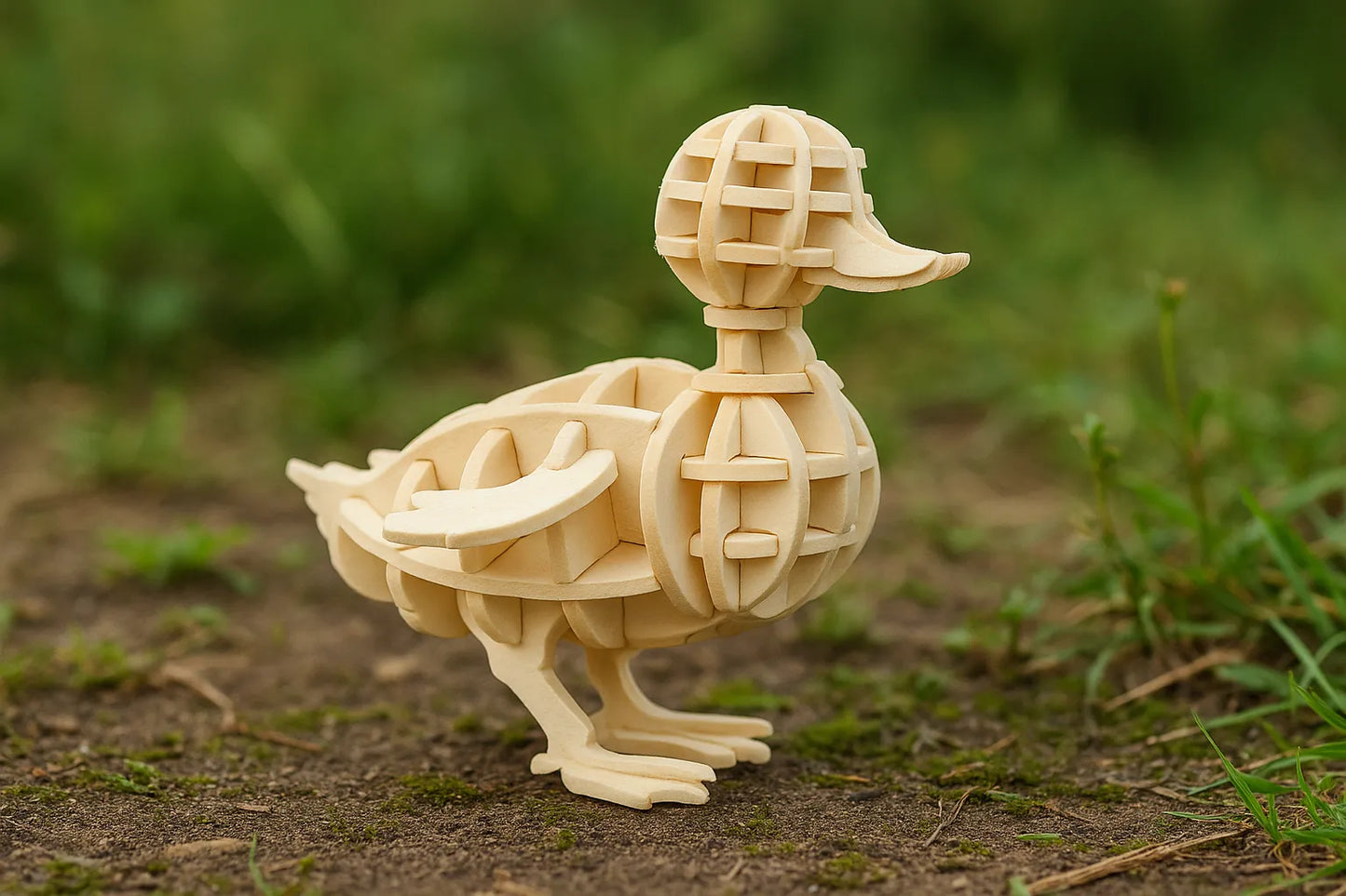 Maquette en bois d’un petit canard posée sur la terre, entourée d’herbe verte.