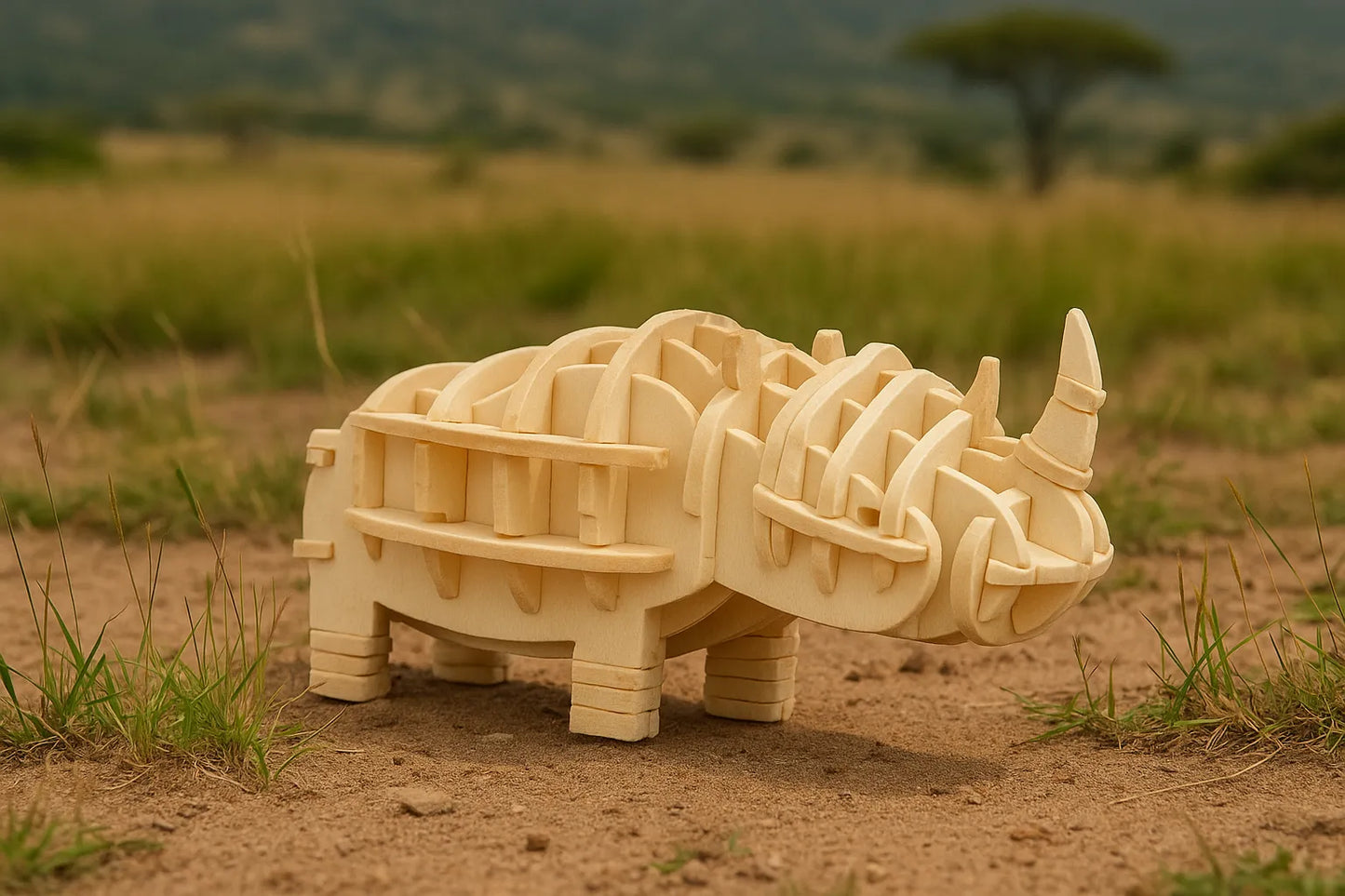 Maquette en bois d’un rhinocéros, photographiée en extérieur sur un sol sablonneux, avec un paysage de savane en arrière-plan.