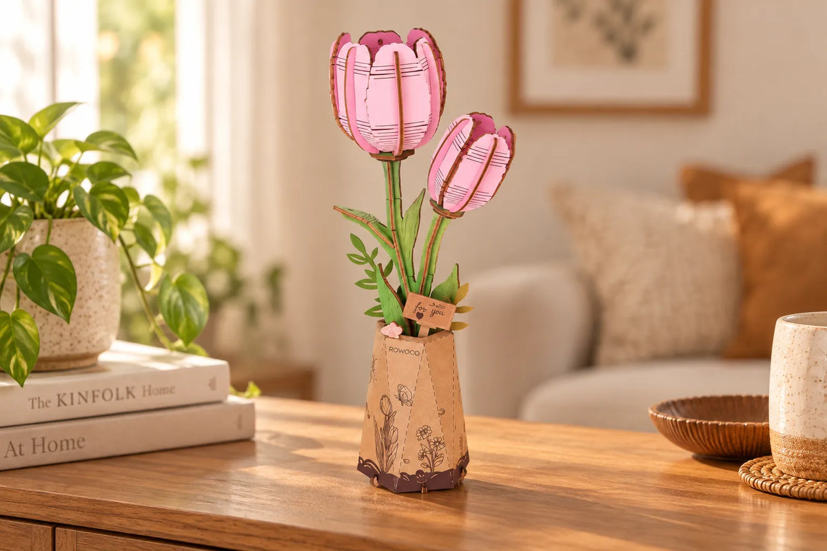 Maquette en bois - Les deux tulipes roses