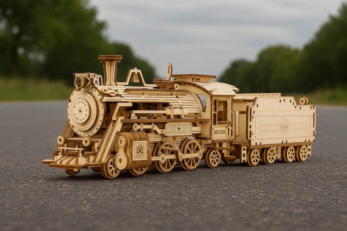 Maquette en bois dâune locomotive Ă vapeur avec tender posĂ©e sur une route en plein air.