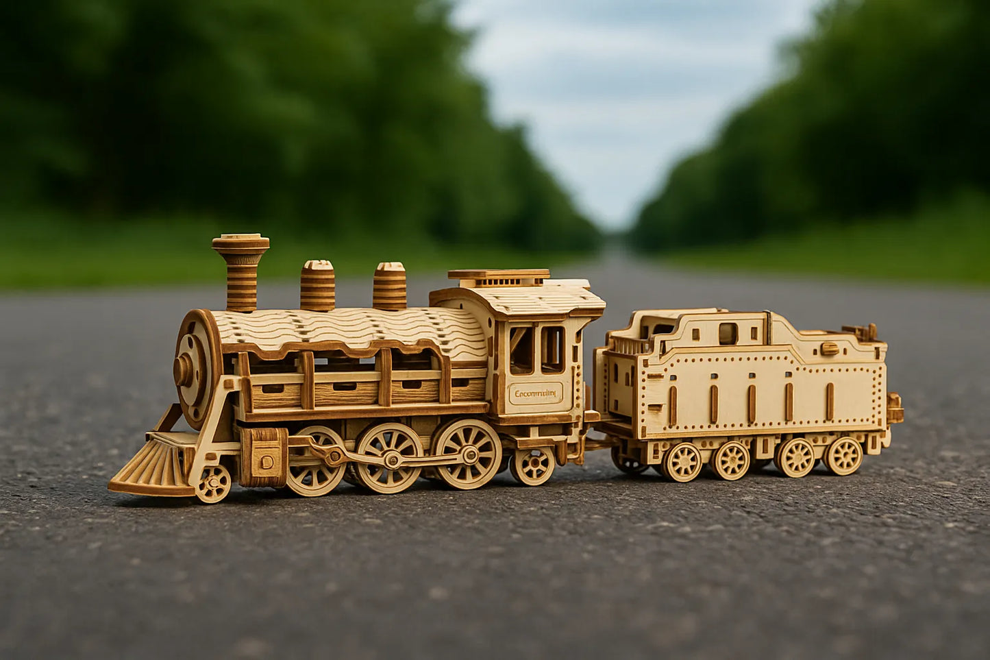 Maquette en bois dâune locomotive vintage dĂ©taillĂ©e avec tender, placĂ©e sur une route entourĂ©e dâarbres et de montagnes au loin.
