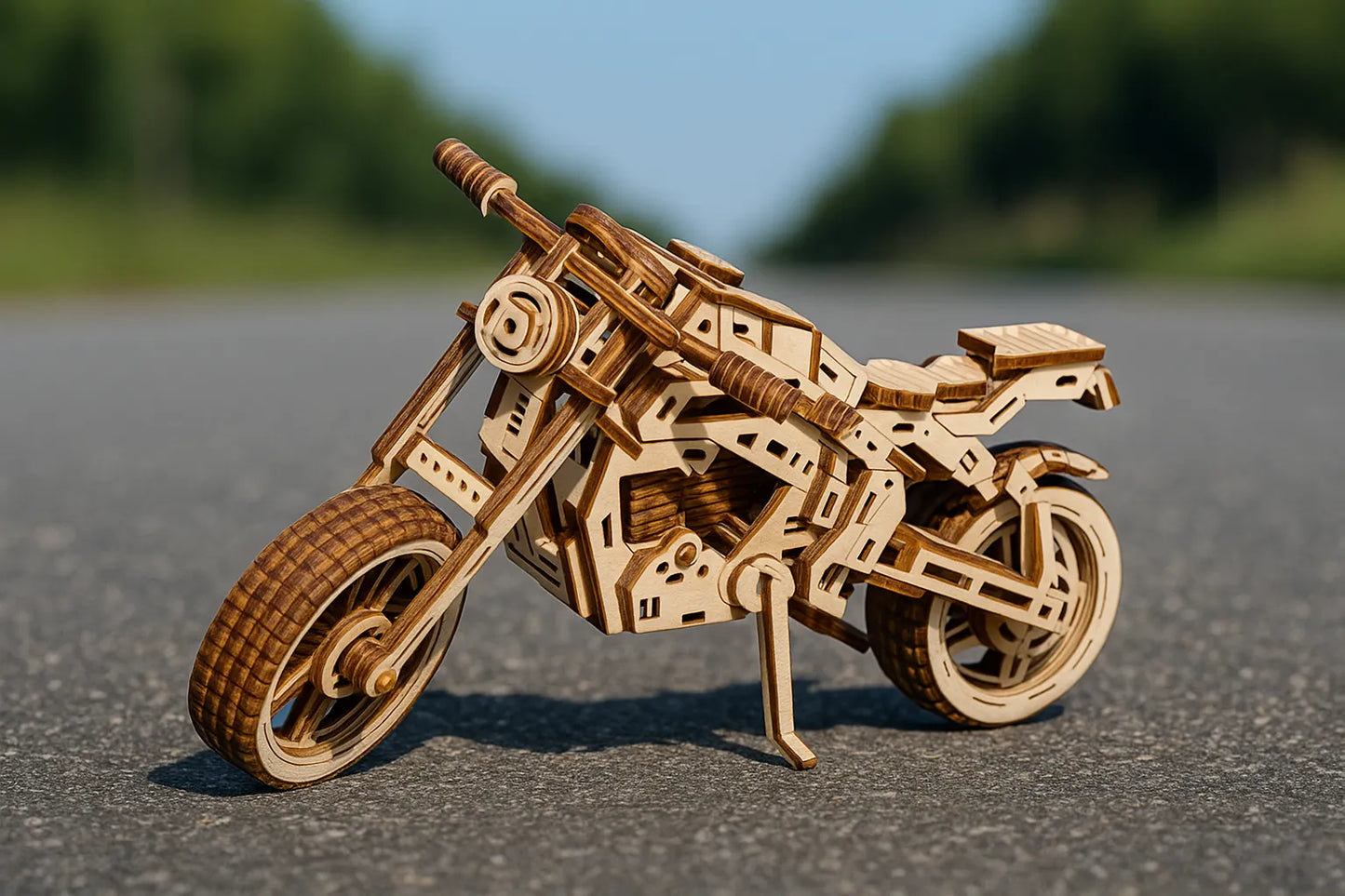 Maquette en bois dâune moto sportive, au design anguleux et mĂ©canique, posĂ©e sur une route de campagne sous un ciel dĂ©gagĂ©.