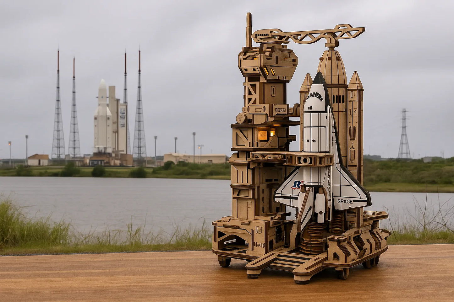Maquette en bois dâune navette spatiale blanche sur une rampe de lancement en bois, avec une base de fusĂ©e visible en arriĂšre-plan prĂšs dâun plan dâeau.