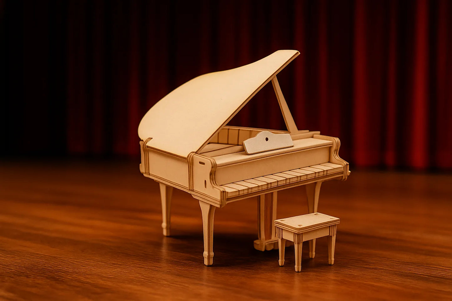 Maquette en bois d’un piano à queue et son tabouret posés sur une scène en bois, un rideau rouge en arrière-plan.