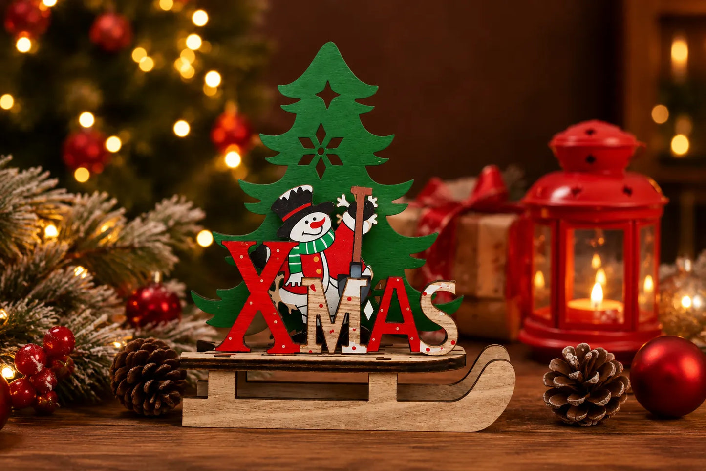 Maquette en bois - Sapin de Noël avec bonhomme de neige