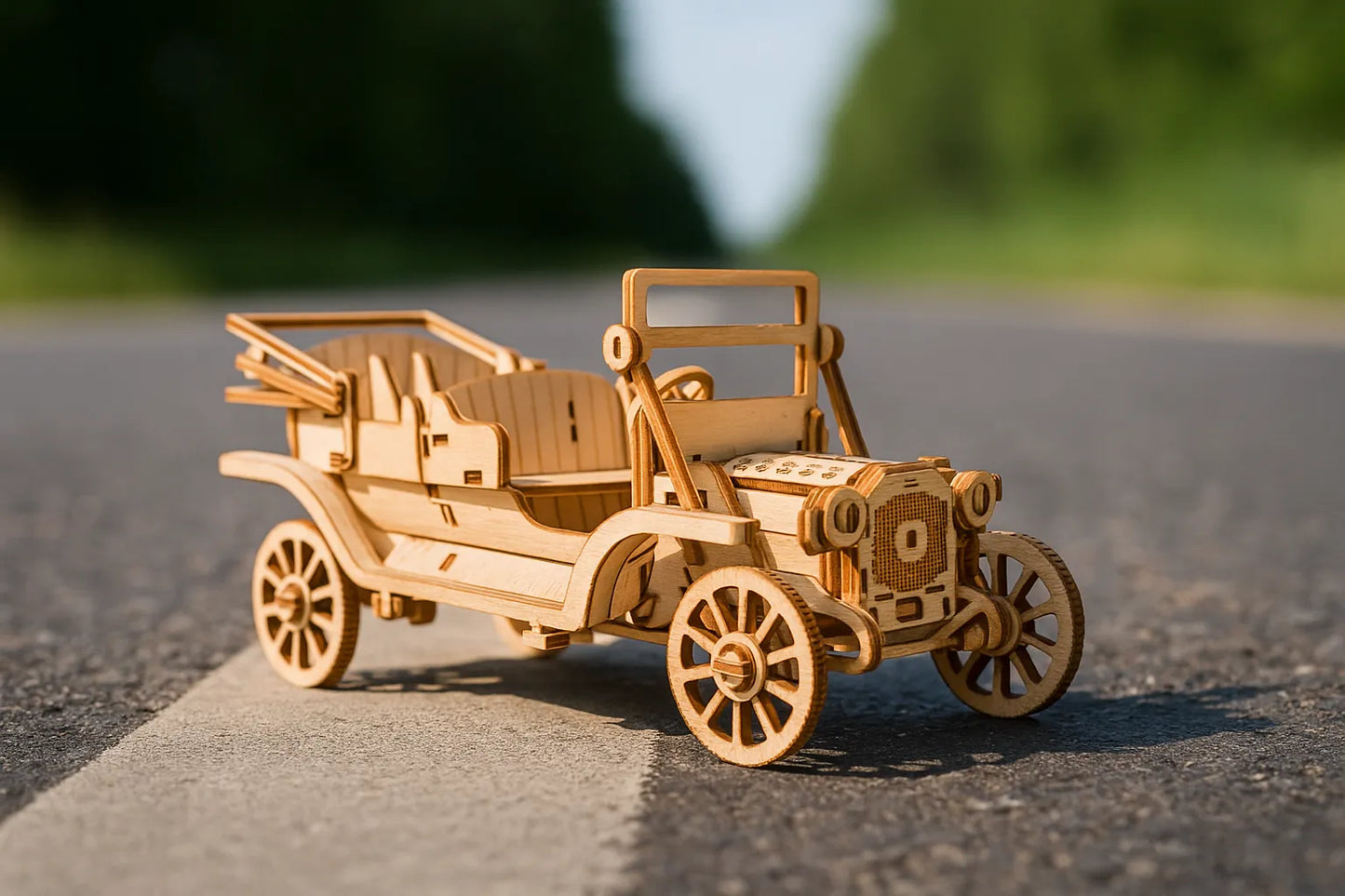 Maquette en bois dâune voiture ancienne, avec volant et siĂšges ouverts, posĂ©e sur une route ensoleillĂ©e bordĂ©e de verdure.
