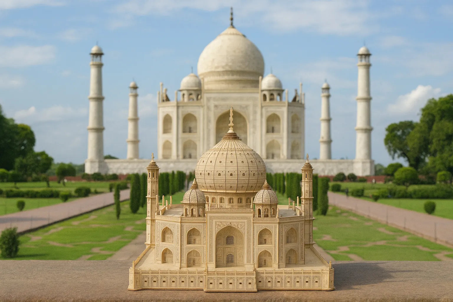 Maquette en bois du Taj Mahal posée sur une table, avec le véritable monument en arrière-plan sous un ciel bleu.