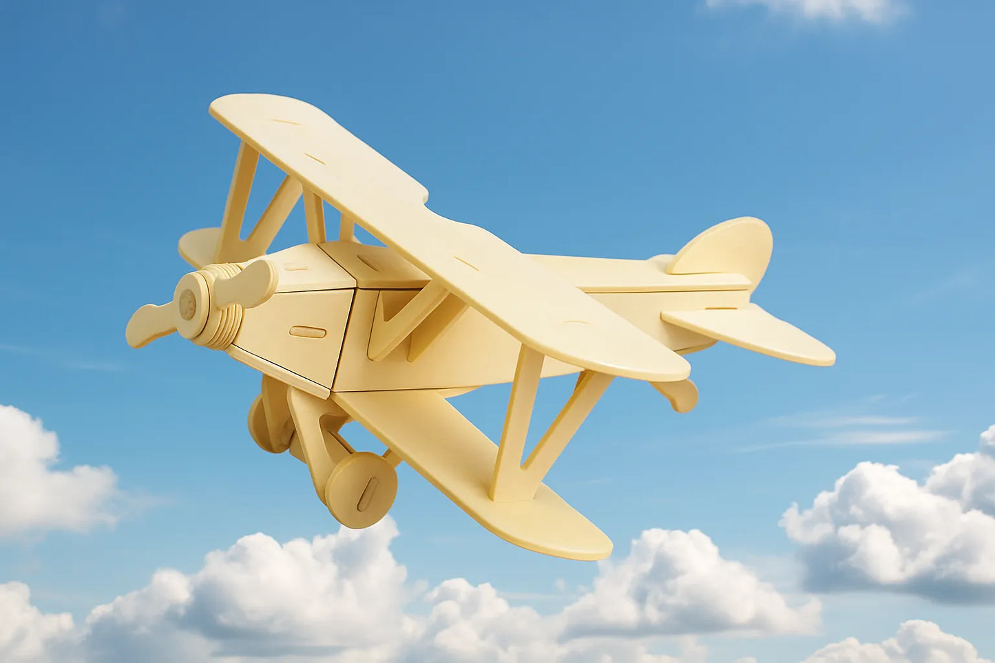 Maquette en bois d’un avion biplan beige, volant dans un ciel bleu parsemé de nuages.