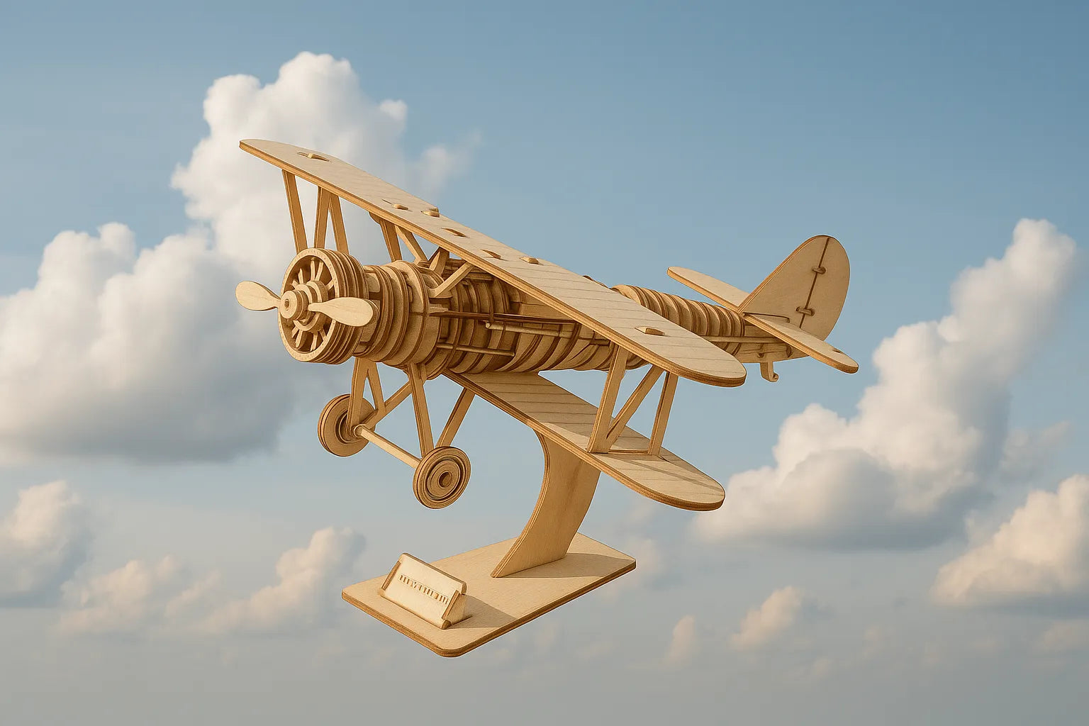 Maquette en bois d’un avion vintage à double aile, montée sur un socle, survolant un ciel lumineux parsemé de nuages.