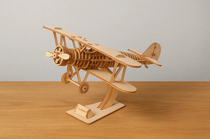 Maquette en bois d’un avion vintage à double aile, montée sur un socle, posée sur une table en bois devant un mur gris clair.