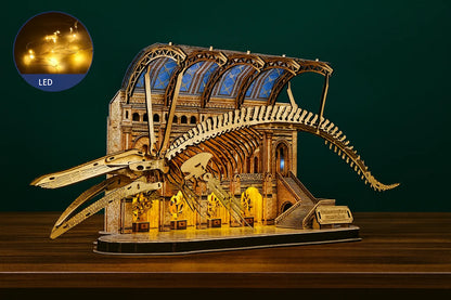 Maquette en bois du squelette de baleine Balaenoptera musculus avec éclairage LED, posée sur une table en bois devant un fond vert.