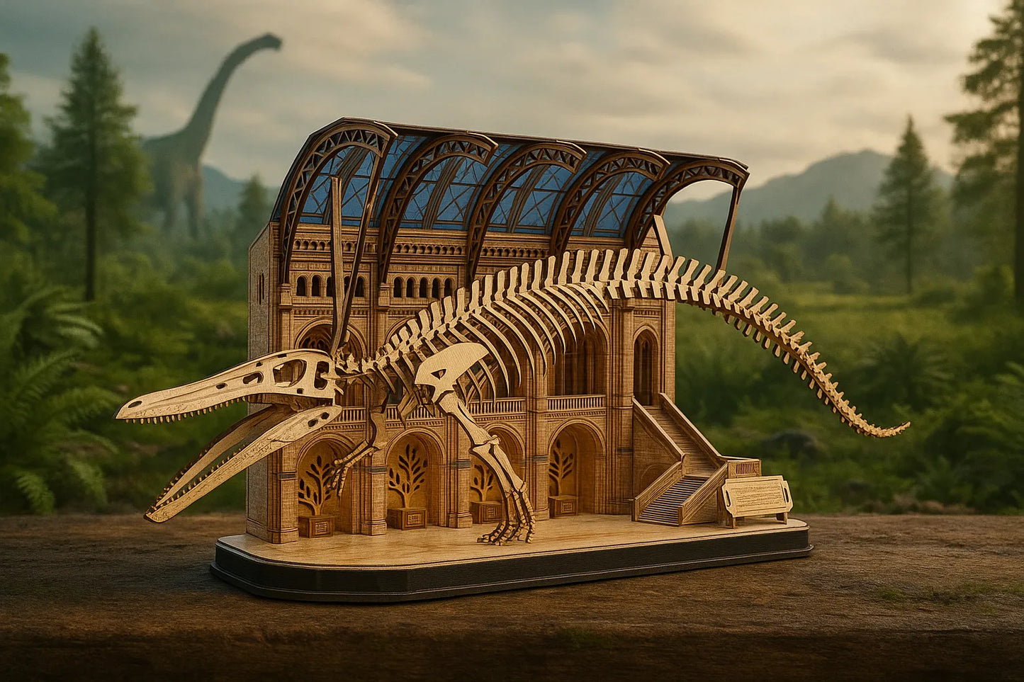 Maquette en bois du squelette de baleine Balaenoptera musculus exposée dans un musée miniature, avec fond de forêt préhistorique.