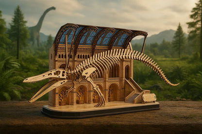 Maquette en bois du squelette de baleine Balaenoptera musculus exposée dans un musée miniature, avec fond de forêt préhistorique.