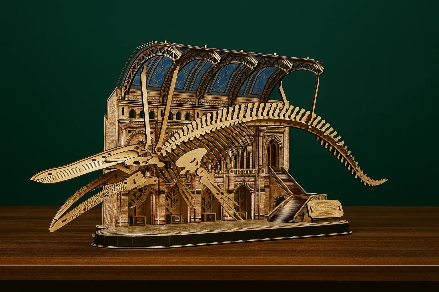 Maquette en bois du squelette de baleine Balaenoptera musculus sans éclairage, présentée sur une table en bois devant un fond vert foncé.