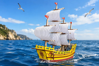 Maquette en bois - Bateau à voiles jaune