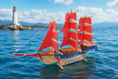 Maquette en bois - Bateau à voiles rouge