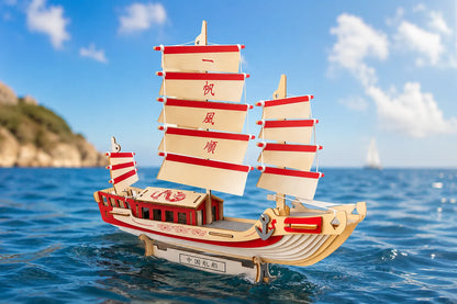 Maquette en bois - Bateau à voiles rouges et blanches chinois