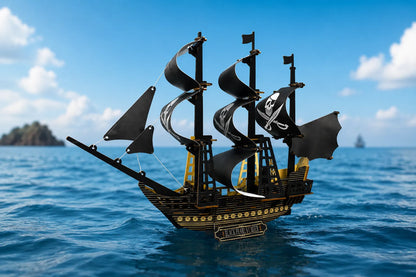 Maquette en bois - Bateau de pirate aux voiles noires