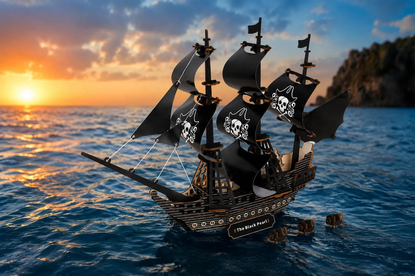 Maquette en bois - Bateau de pirate voiles noires