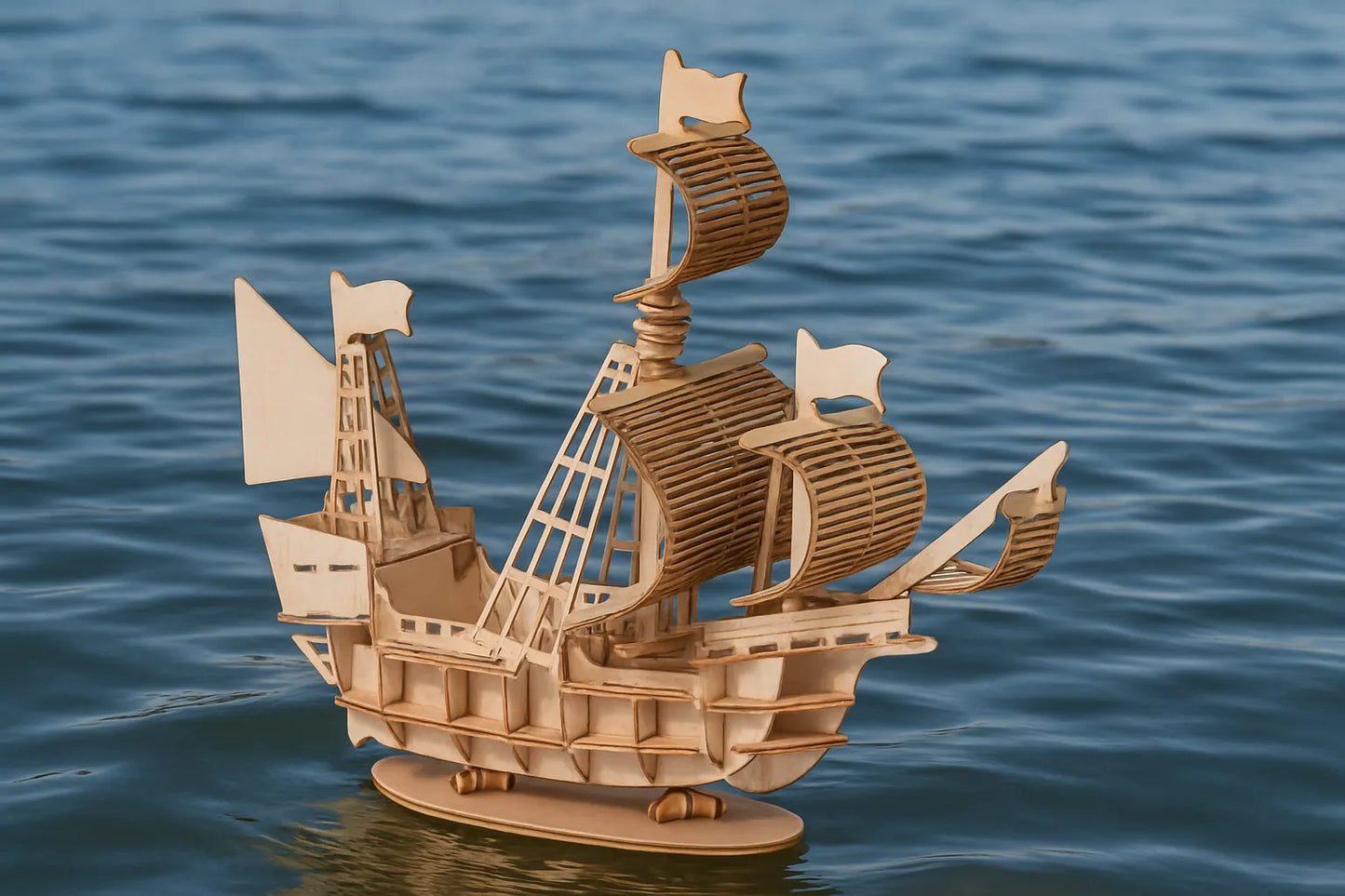 Maquette en bois d’un bateau pirate avec voiles déployées flottant sur la mer.