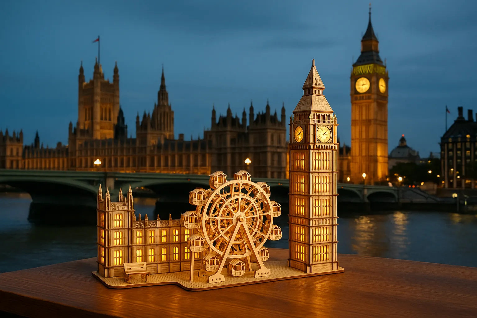 Maquette en bois illuminée de Big Ben et du Palais de Westminster posée sur une table devant les véritables monuments de Londres au crépuscule.