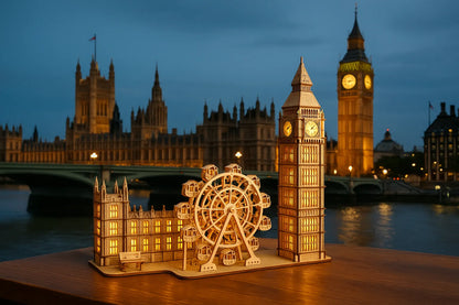 Maquette en bois illuminée de Big Ben et du Palais de Westminster posée sur une table devant les véritables monuments de Londres au crépuscule.