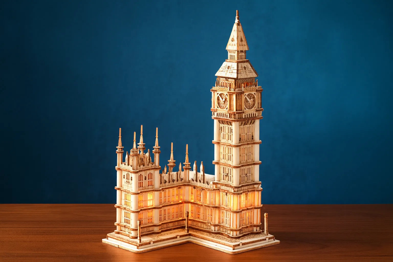 Maquette en bois illuminée représentant Big Ben et le Palais de Westminster, posée sur une table en bois devant un fond bleu.