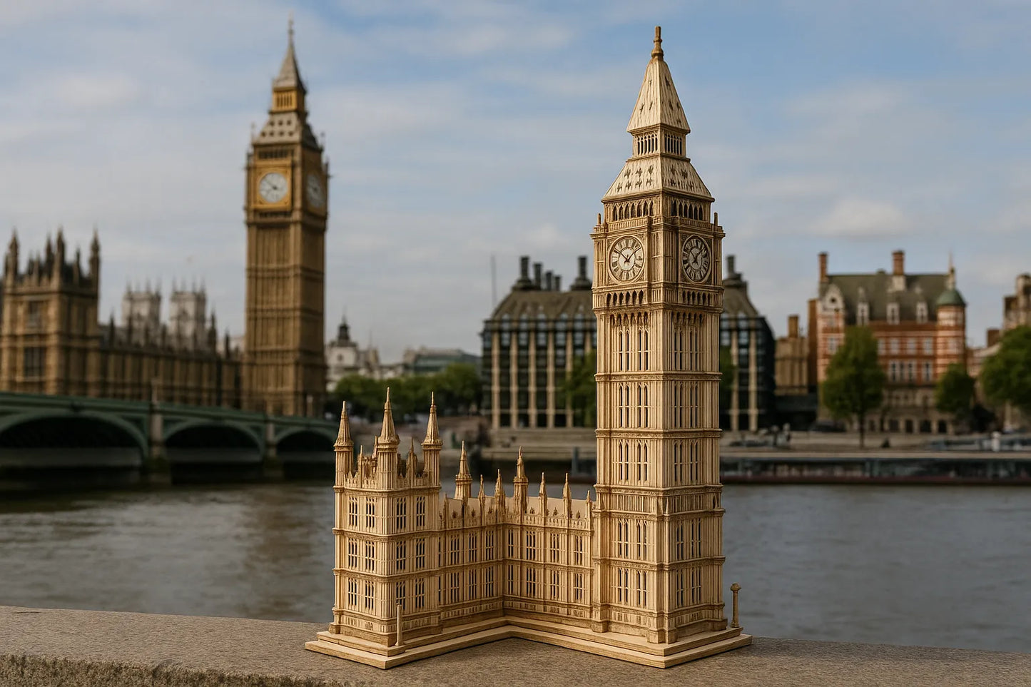 Maquette en bois représentant Big Ben et le Palais de Westminster posée sur une table en extérieur, avec les véritables monuments de Londres en arrière-plan.