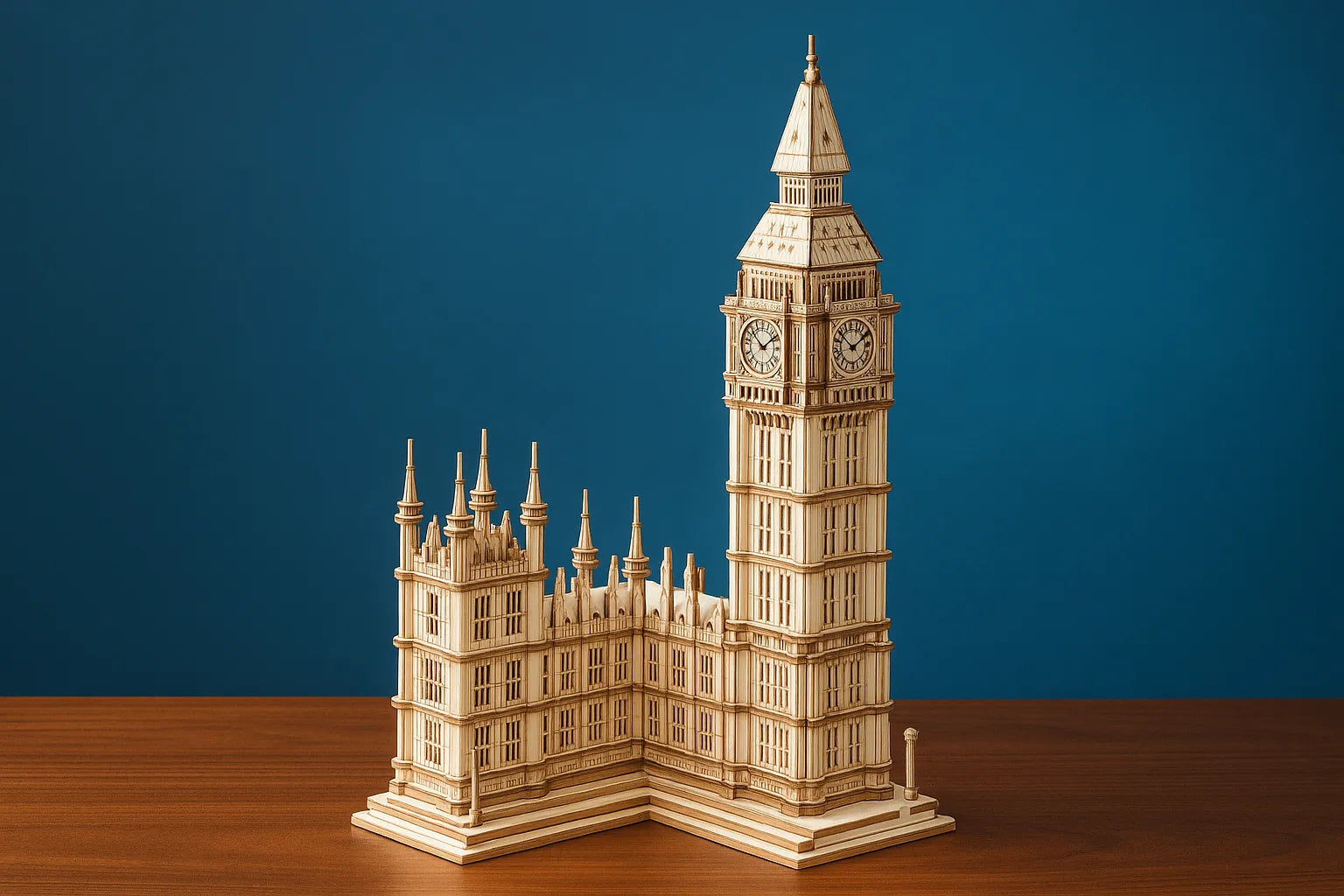Maquette en bois représentant Big Ben et le Palais de Westminster, posée sur une table en bois devant un fond bleu uni.