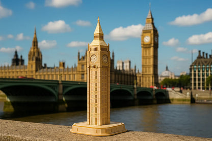 Maquette en bois de la tour Big Ben posée sur un muret au bord de la Tamise, avec le véritable monument en arrière-plan sous un ciel bleu.