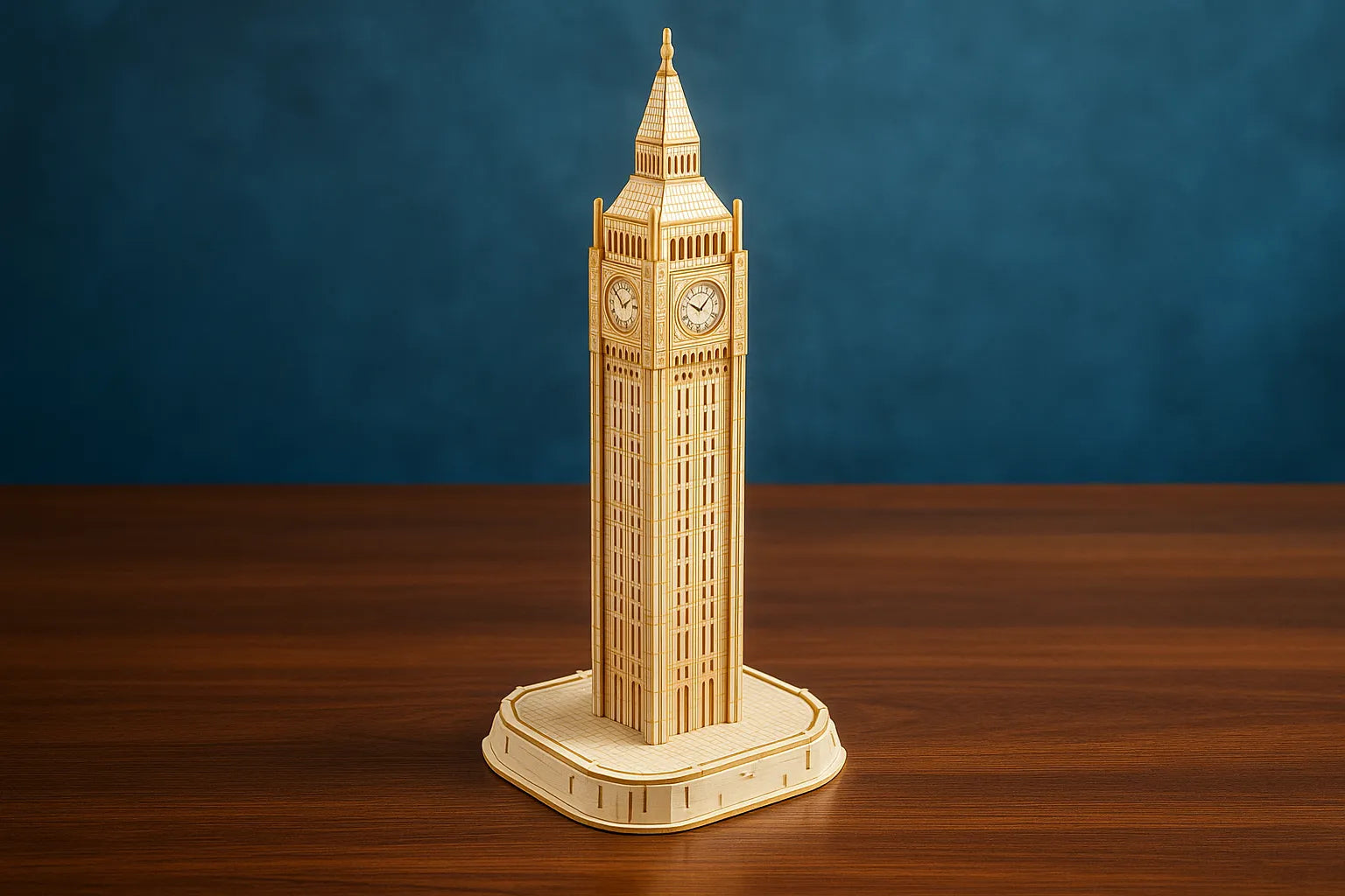 Maquette en bois de la tour Big Ben posée sur une table en bois devant un fond bleu uni.