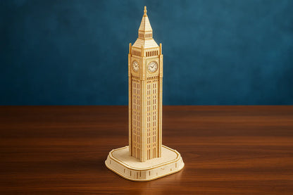 Maquette en bois de la tour Big Ben posée sur une table en bois devant un fond bleu uni.